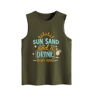 Detail of Sun Sand and a Drink graphic print on olive green sleeveless tank top