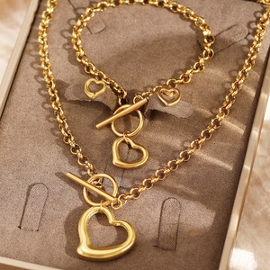 Stainless Steel Hollow Heart Necklace Bracelet Earrings Elegant Toggle Clasp Accessories For Women Birthday Gift