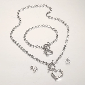 Silver hollow heart necklace bracelet and earrings jewelry set with toggle clasp