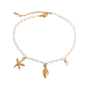 French ocean pearl anklet with gold starfish, conch and adjustable stainless steel clasp