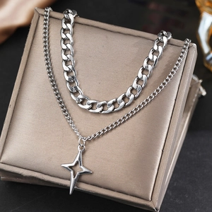 Silver double layer stainless steel necklace with curb chain and star pendant for punk style
