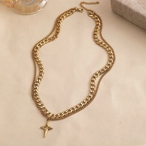 Hip-hop punk double layer stainless steel necklace with gold star pendant for women
