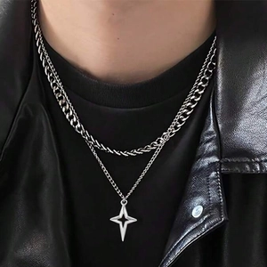 Layered Starburst Pendant Necklace Stainless Steel Hip Hop Punk Style Jewelry For Men Women Curb Chain