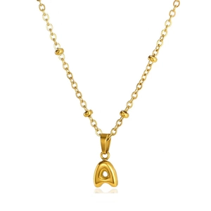 Detailed macro view of a golden stainless steel chain featuring an 'A' letter pendant