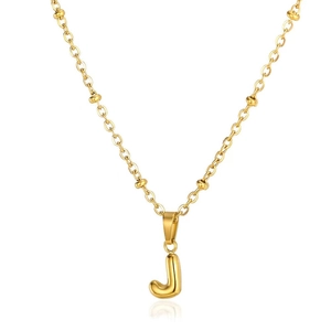 Detail of 18K gold-plated letter J pendant necklace with beaded cable chain design