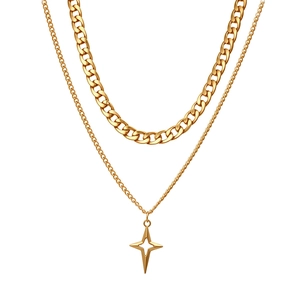 Double layered gold punk necklace with thick curb chain and hollow star pendant