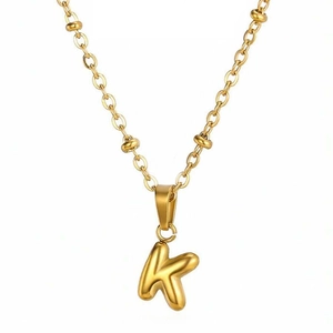 Gold stainless steel letter K pendant necklace with beaded cross chain for women