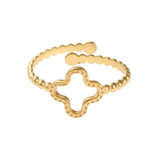 Adjustable stainless steel clover ring with beaded band and hollow shamrock design
