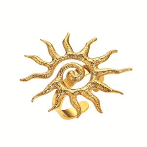 Golden sun flame open ring with hammered texture in minimalist geometric stainless steel