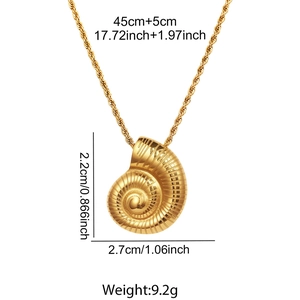 Detail of gold spiral conch pendant necklace showing dimensions and 45cm chain length