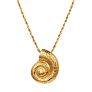 Elegant gold nautilus pendant necklace with textured spiral seashell and twist chain link