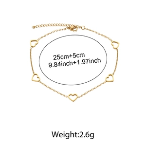 Gold stainless steel anklet with five hollow hearts and sizing details: 25cm+5cm length