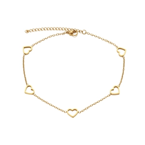 Minimalist gold stainless steel anklet featuring five hollow heart charms on a fine chain