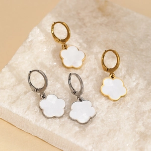 Minimalist stainless steel earrings featuring natural shell flower pendants in gold and silver