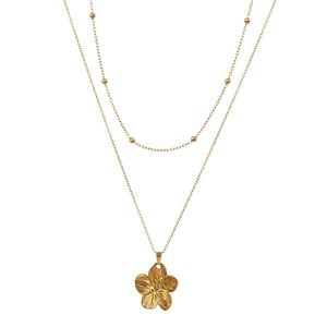 Collier double rang doré avec pendentif fleur en acier inoxydable pour femme