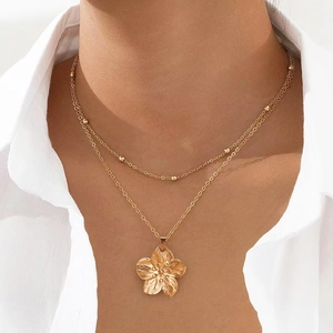 Collier Double Rang En Acier Inoxydable Avec Pendentif Fleur Et Perles Rondes Bijoux De Mode Élégants Pour Femmes
