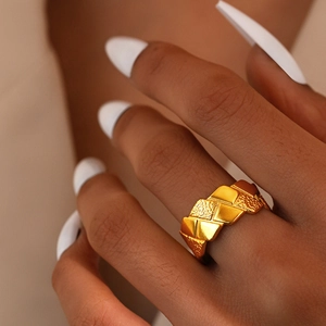 Geometric Quilted Open Ring Stainless Steel Adjustable Wide Band Hammered Texture Fashion Jewelry For Women