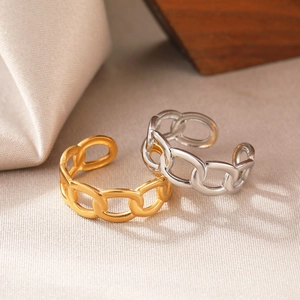 Polished 18K gold and silver hollow Cuban link adjustable open rings for couples