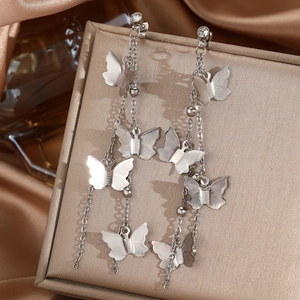 Double-layered butterfly tassel earrings in stainless steel with elegant zircon studs