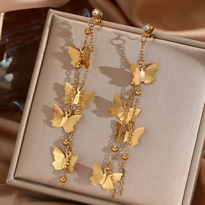Elegant gold-plated double-layer butterfly tassel earrings featuring sparkling cubic zirconia