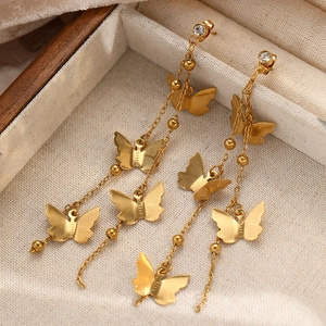 Elegant gold stainless steel double butterfly tassel earrings with cubic zirconia detail