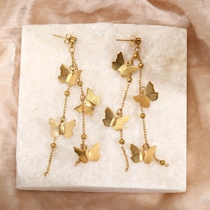 Elegant gold double-layered butterfly tassel drop earrings made of stainless steel