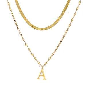 Double-layered golden stainless steel necklace with herringbone chain and letter A pendant