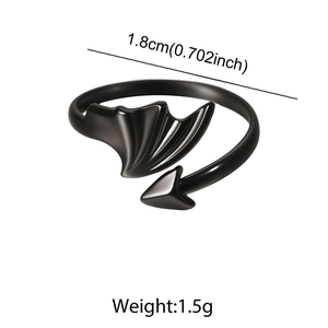 Black matte stainless steel devil wing open ring with adjustable bat wing and arrow tail