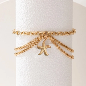 Gold layered stainless steel anklet with starfish charm and geometric chain details