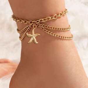 Multilayer Starfish Pendant Anklet For Women Stainless Steel Triple Layer Chain Beach Summer Foot Jewelry Vintage Bohemian