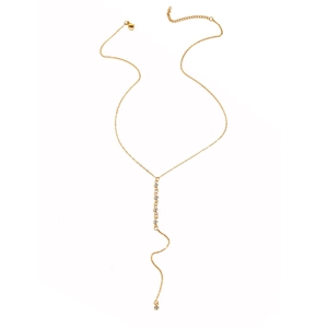 Gold-plated stainless steel Y-shaped necklace with dangling tassels and round zircons