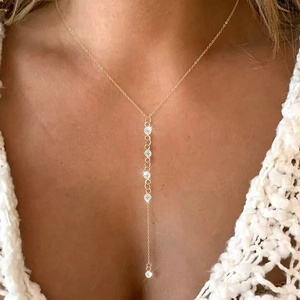 Y Lariat Necklace Stainless Steel Long Tassel Drop Pendant With Zircon Minimalist Elegant Adjustable Jewelry For Women