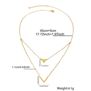 Double layered gold stainless steel necklace with V shape and triangle pendants