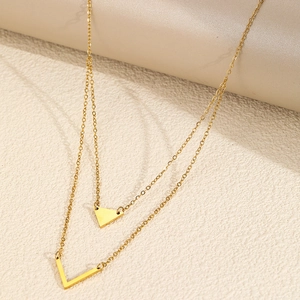 Minimalist double-layered gold necklace with geometric V and triangle charms