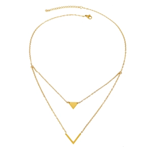 Double-layered gold stainless steel necklace with V-shaped and triangle pendants