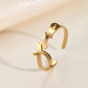 Gold stainless steel adjustable open ring featuring minimalist Arabic calligraphy design