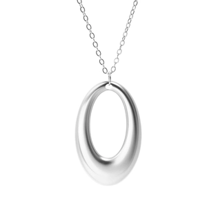 Minimalist stainless steel oval hollow pendant necklace with sleek silver satin finish