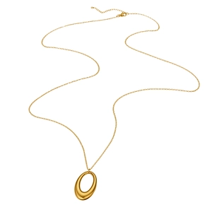 Detailed view of golden fluid oval pendant on a fine chain with lobster clasp closure
