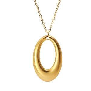 Minimalist hollow oval pendant necklace in matte gold finish with a fine link chain