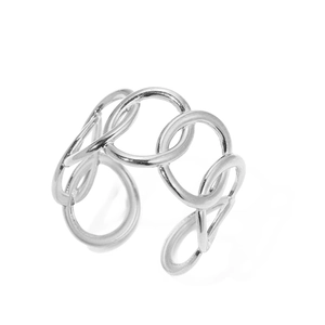 Macro detail of silver-toned hollow interlocking link ring with polished open adjustable band