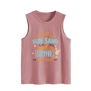 Detail of soft knit tank top featuring sun, sand and drink print in rose pink