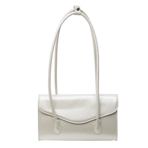 Minimalist creamy white leather shoulder bag with flap closure and adjustable long strap