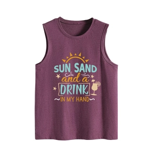 Detail of purple tank top with Sun Sand and a Drink graphic and beach art print