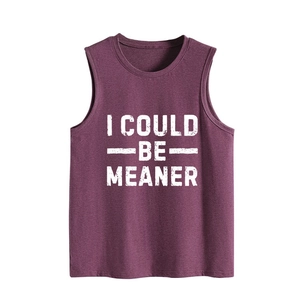 Close-up of I COULD BE MEANER white artistic print on burgundy sleeveless tank top