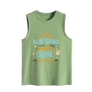 Detailed view of green sleeveless tank top with sun sand and a drink graphic print