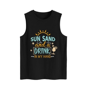 Women's black tank top with Sun Sand and a Drink graphic, casual loose fit summer vest