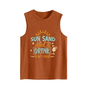 Detail of loose fit knit tank top with Sun Sand and a Drink graphic in caramel color