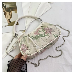 Close-up of floral embroidery on a vintage handbag with pearl beads and chain strap