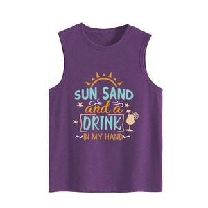 Detailed close-up of purple tank top with Sun Sand and a Drink vacation print design