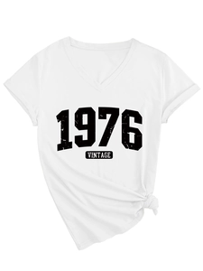 Detail of white V-neck vintage 1976 t-shirt showing soft cotton fabric and front waist knot